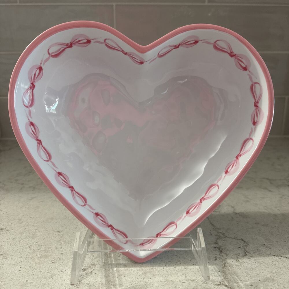 Pink BOWS Heart Shaped Melamine 9”x 2.25”Valentine Serving Bowl NEW Candy Dish